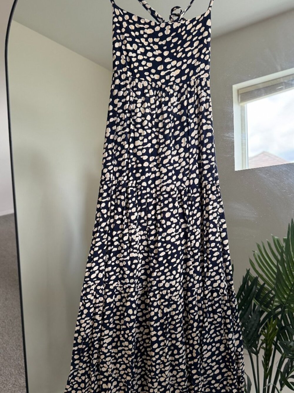 Keliki Hawaii Navy Dot Print Tiered Maxi Dress